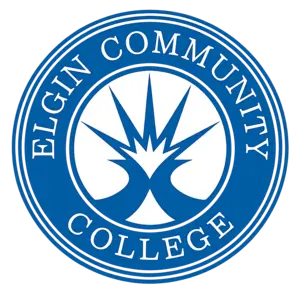 Elgin Community College circular blue logo with white text and a stylized tree emblem in the center.