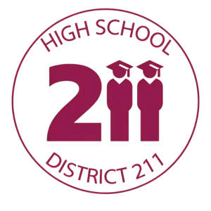 High School District 211 logo, maroon circular school district emblem with bold 211 typography