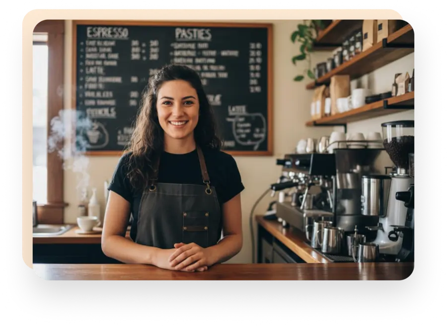 Smiling barista standing behind a coffee shop counter with espresso machines and menu board in the background.