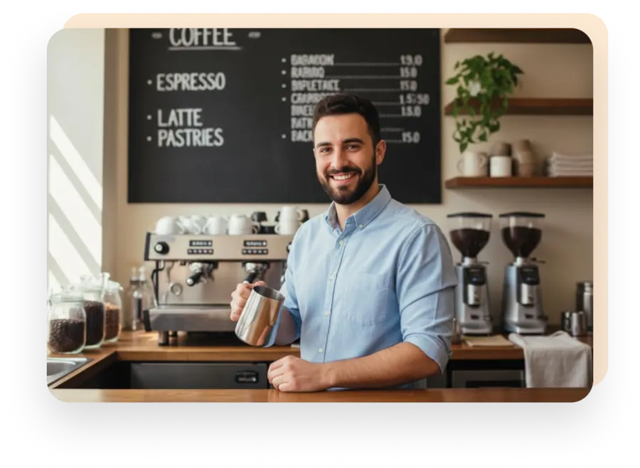 Smiling barista holding a milk frothing pitcher in a coffee shop, with espresso machines and menu board in the background.