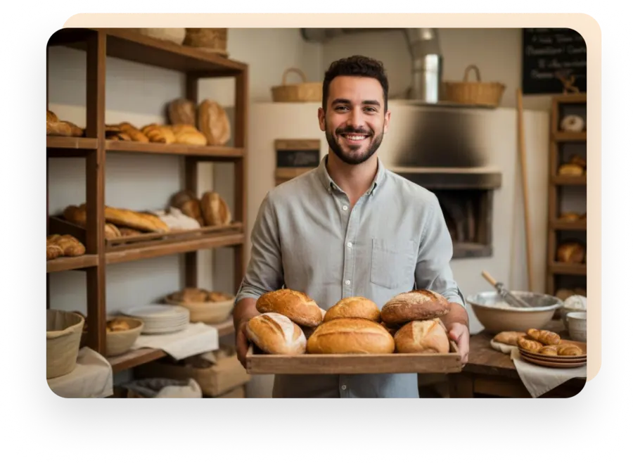 Smiling baker holding a tray of freshly baked bread in a bakery, with shelves of loaves and oven in the background.