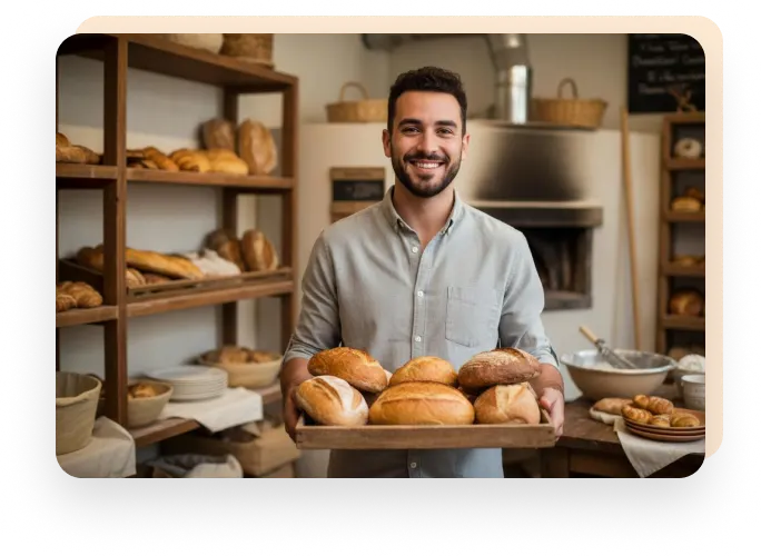 Smiling baker holding a tray of freshly baked bread in a bakery, with shelves of loaves and oven in the background.