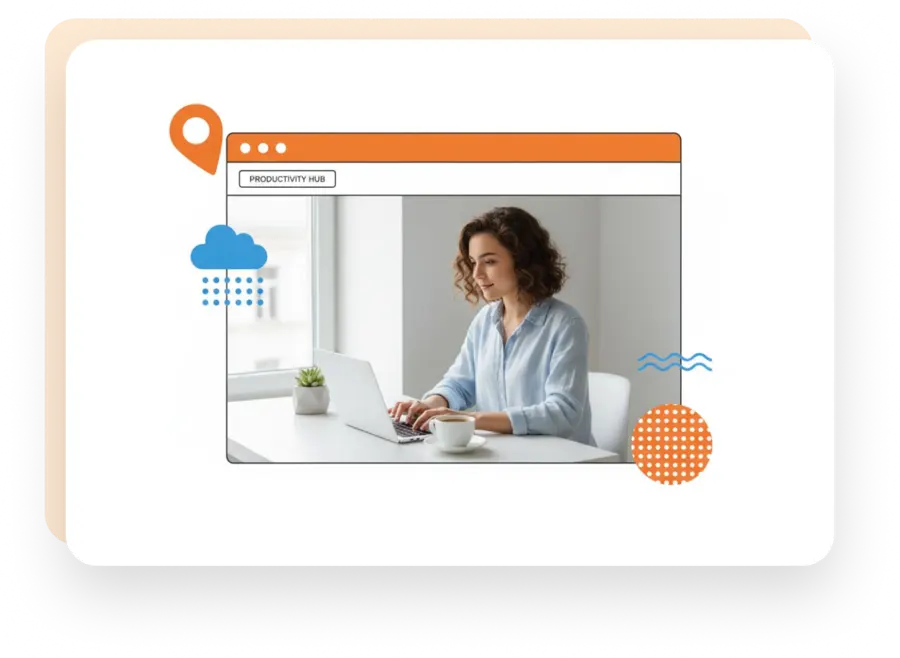Illustration of a woman working on a laptop in a productivity hub interface, with icons representing location, cloud, and digital tools.