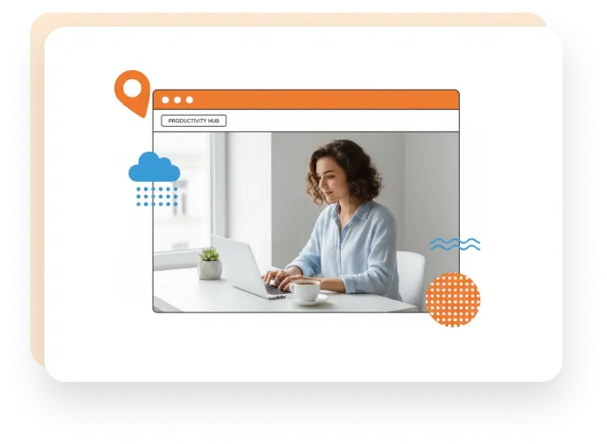 Illustration of a woman working on a laptop in a productivity hub interface, with icons representing location, cloud, and digital tools.