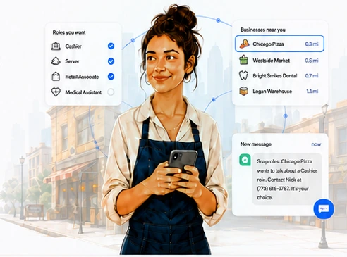 Hourly worker using Snaproles with local roles, nearby businesses, and an invitation to talk.